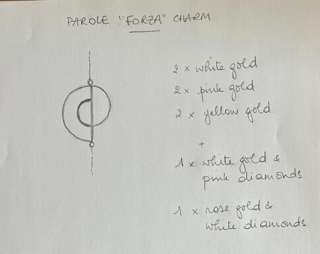 Ontwerpblad van de PAROLE-charm “FORZA”: schetsen en versies in wit, rosé en geel goud